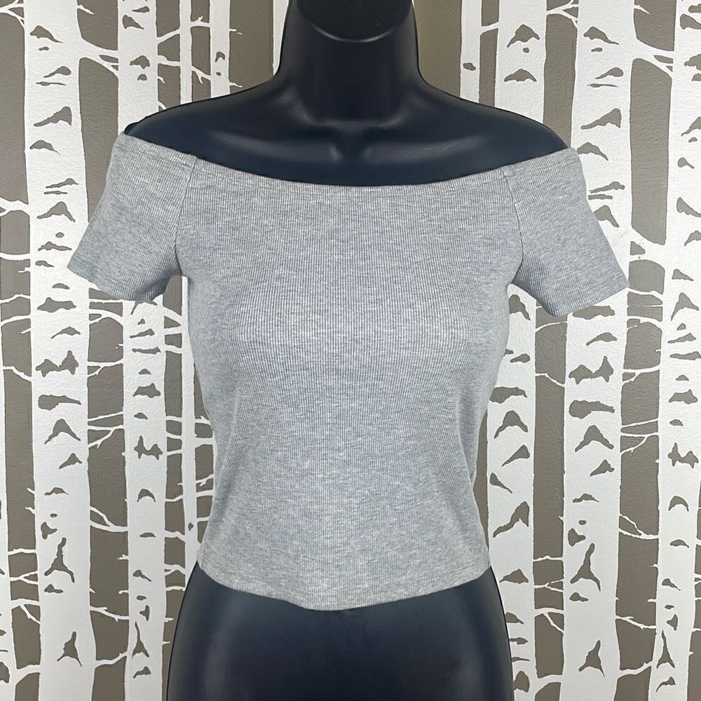 Off Shoulder Ribbed Cropped Top S Gray